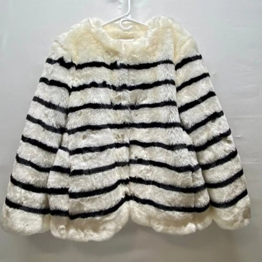 Gap Faux Fur Coat Women's Large Ivory‎ Black Stripe Plush Full Zip Lined Pockets